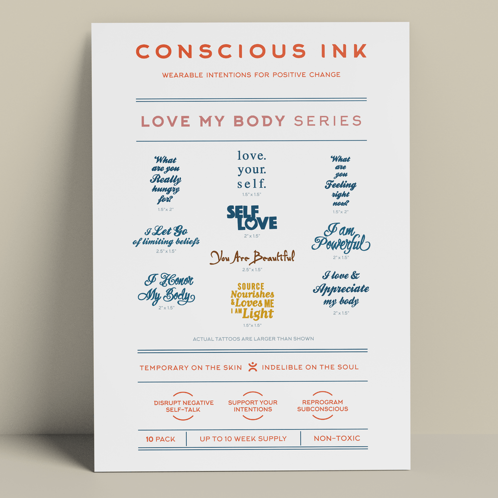 Love My Body Variety 10-Pack Temporary Tattoos Pack Conscious Ink 