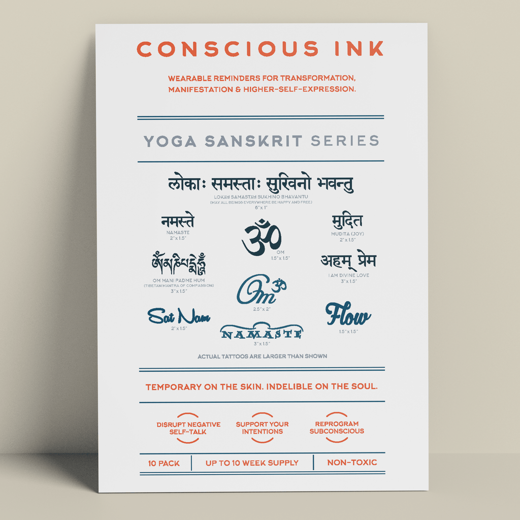 Yoga Sanskrit Variety 10-Pack Temporary Tattoos Pack Conscious Ink 