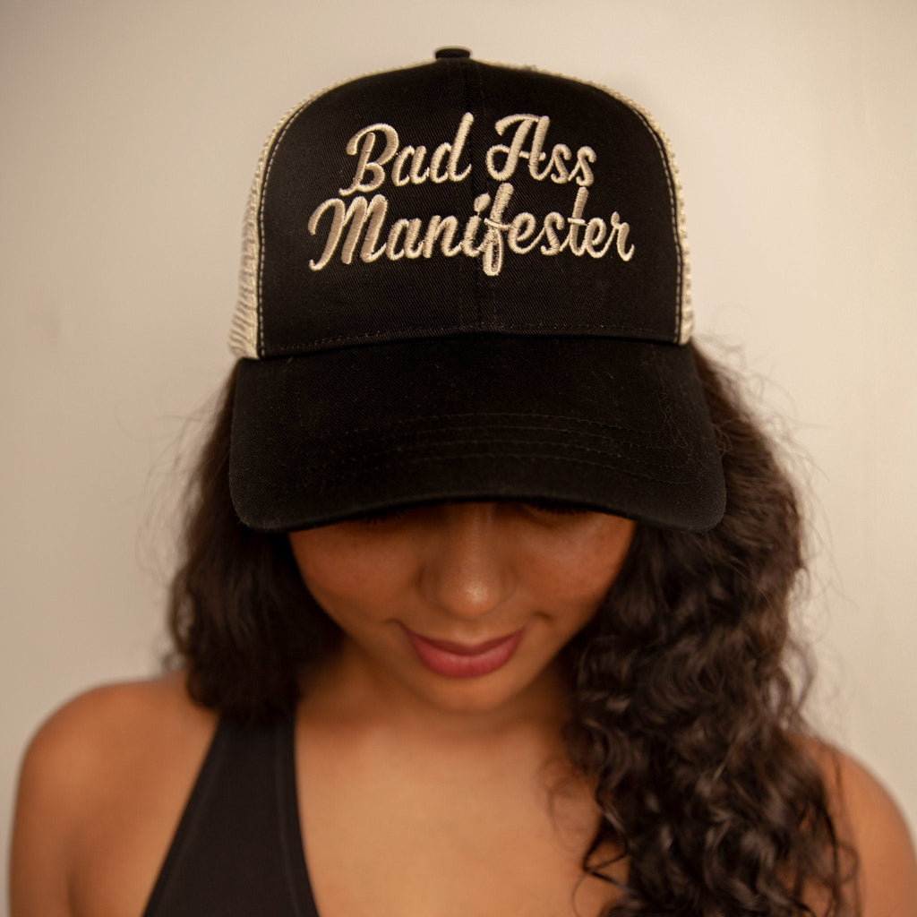 Bad A$$ Manifester Eco Trucker Hat Mesh Back Black/Off White Apparel & Accessories Conscious Ink