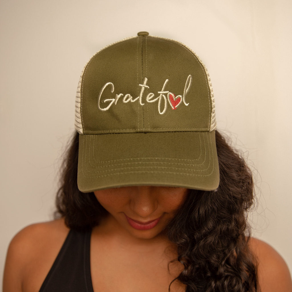 Grateful Manifestation Eco Trucker Hat Mesh Back Hunter Green & Cream Apparel & Accessories Conscious Ink